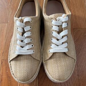 Jack Rogers Beige Canvas Woven Lace Up Sneaker with White Platform Sole